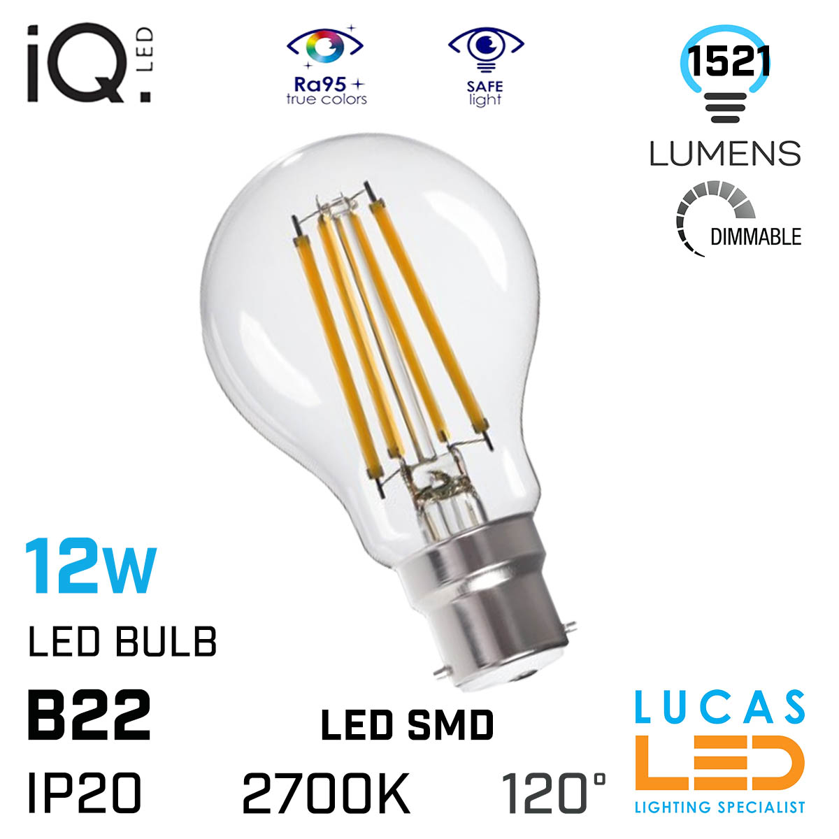B22 LED Dimmable Bulb Light 12W - 2700K Soft Warm White  - 1521lm - LED Filament