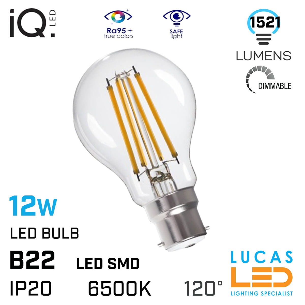 B22 LED Dimmable Bulb Light 12W - 6500K Ultra Cold White  - 1521lm - LED Filament