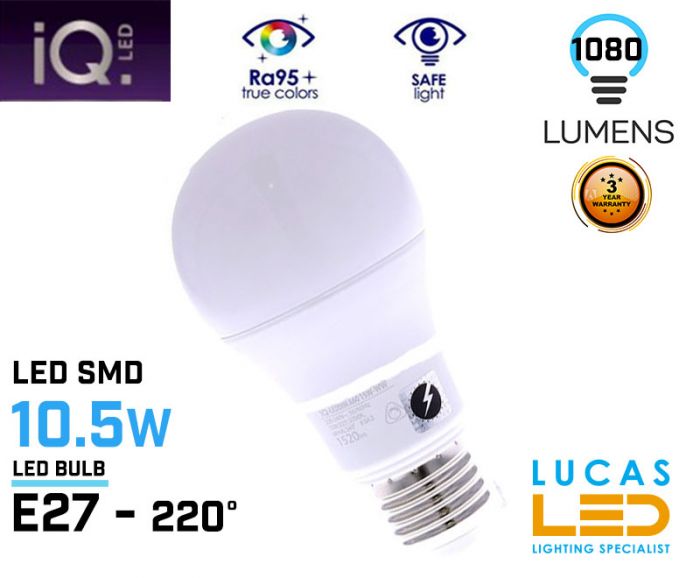 E27 LED bulb light - 10.5W - 4000K - 1080lm - beam angle 220°- A60 - New IQ Technology -Natural White