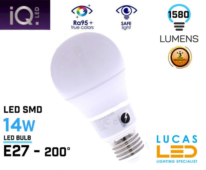 E27 LED bulb light - 14W - 4000K - 1580lm - beam angle 200°- A60 - New IQ Technology -Natural White