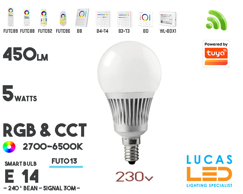 E14 Bulb • RGB + CCT  • 5W • 450LM • WiFi • Smart Lighting System • Wireless • MiBoxer • Mi-Light • FUT013 • 230V 
