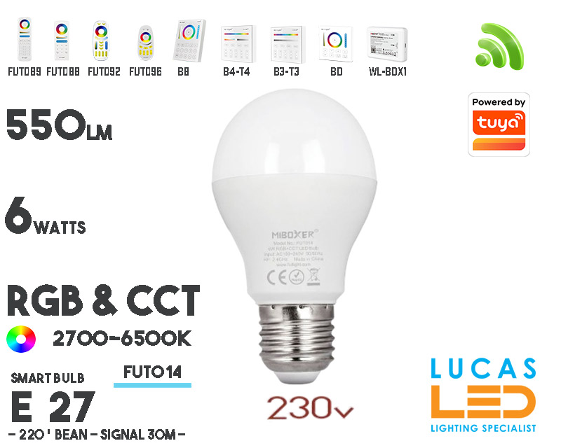 E27 Bulb • RGB + CCT • 6W • 550LM • WiFi • Smart Lighting System • Wireless • MiBoxer • MiLight • FUT014 • 230V 