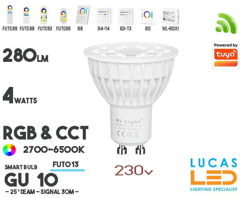 GU10 Bulb • RGB + CCT • 4W • 280LM • WiFi • Smart Lighting System • Wireless • MiBoxer • MiLight • FUT103 • 230V