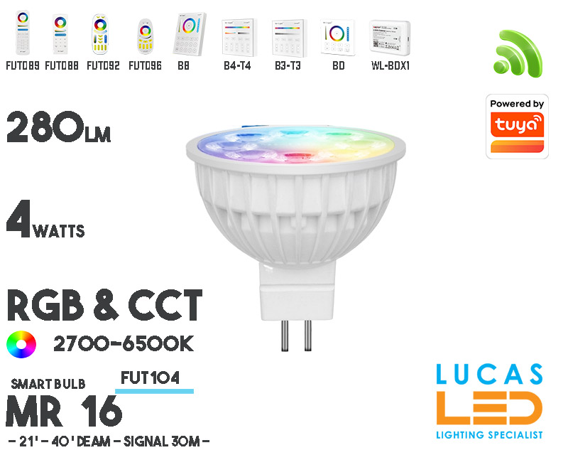 MR16 LED Bulb Spotlight • RGB+CCT • 4W • 280LM • WiFi • Smart Lighting System • FUT104 • Wireless • MiBoxer • 12V 