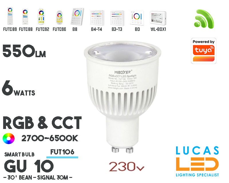 GU10 Bulb • RGB + CCT • 6W • 550LM • WiFi •  Smart Lighting System • Wireless • MiBoxer • MiLight • FUT106 • 230V 