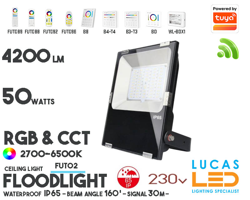 Outdoor LED Flood • Lights RGB + CCT • High Bright • High lumen LED Chips • 50W • 4200LM • IP65  • WiFi • 2.4G • Smart Lighting System • Mi-Light • MiBoxer • FUTT02 • 230V