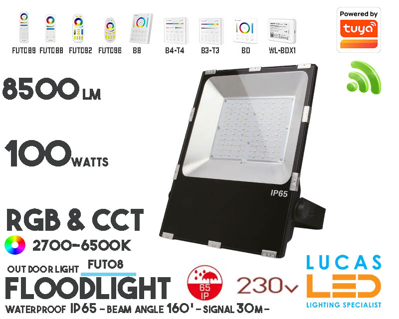 Outdoor LED Flood Lights • RGB + CCT • High lumen LED Chips • Ultra High Bright • 100W • 8500LM • IP65 • Wifi • 2.4G • Smart Lighting System • Mi-Light • MiBoxer • FUTT07 • 230V