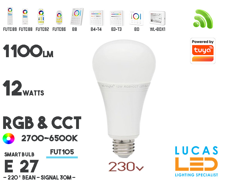 E27 Bulb • RGB + CCT • 12W • 1100LM • WiFi • Smart Lighting System • Wireless • MiBoxer • MiLight • FUT105 • 230V