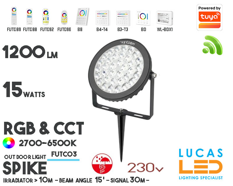 LED Garden Spike • Projector •RGB CCT• 15w • 1200lm • wifi • 2.4G • Compatible • Smart • Lighting • System • MultiZone • Wireless • MiBoxer • FUTC03 • 230V•