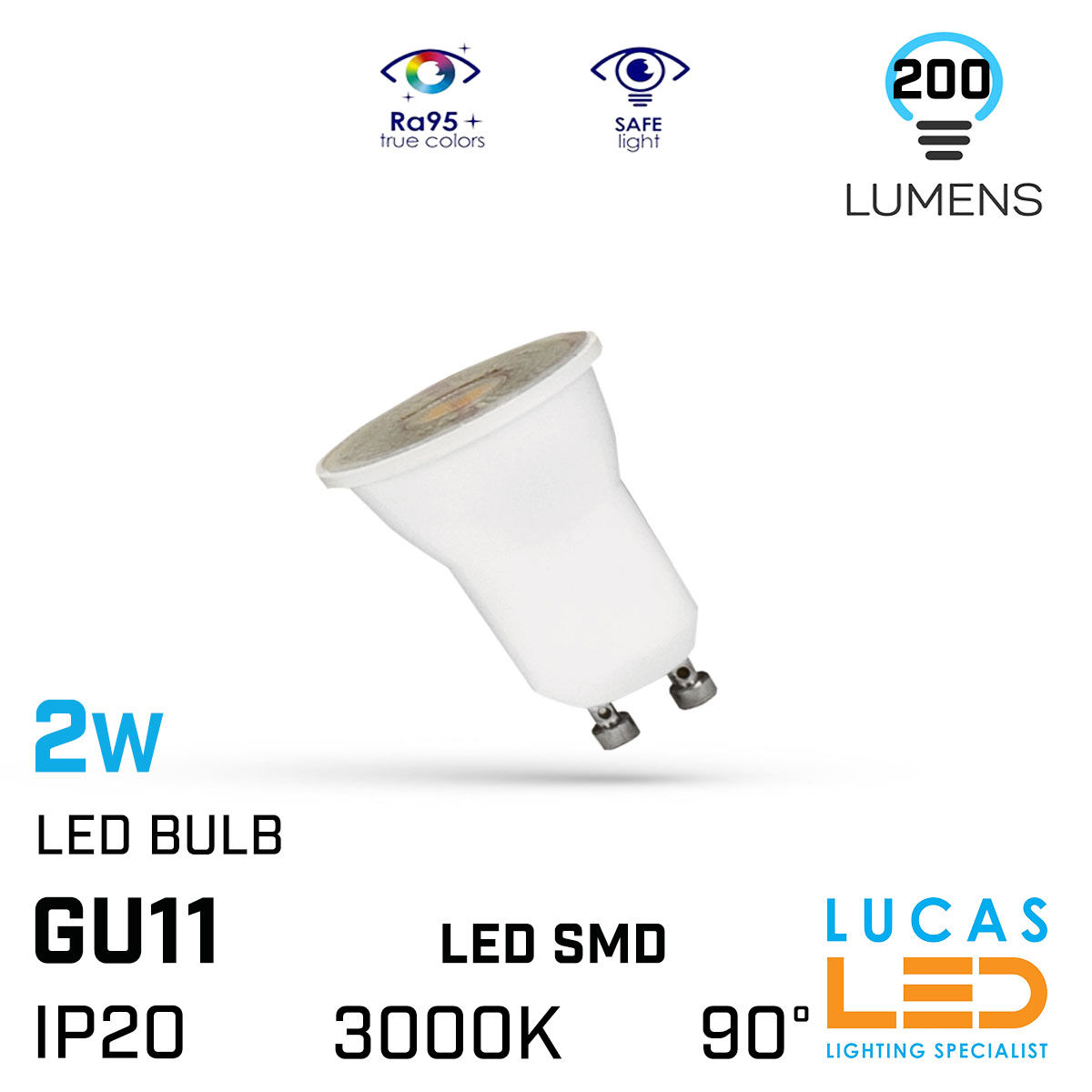 GU11 LED bulb light - 2W - 3000K Warm White - 200lm - LED SMD - White body