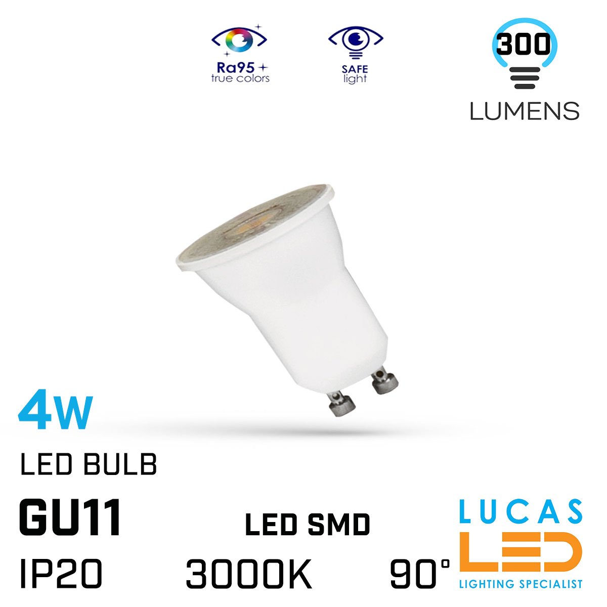 GU11 LED bulb light - 4W - 3000K Warm White - 300lm - LED SMD - White body