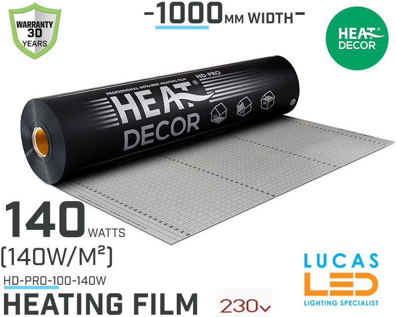 Heating film HD PRO • 140 w/lm • 1000mm  WIDTH • Heat mat • HD-PRO-100 • 30y Warranty • (140w/m²) • Heat Decor •