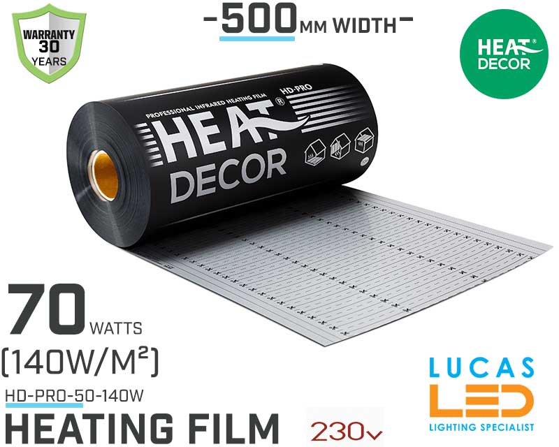 Heating film HD PRO • 70 w/lm • 500mm  WIDTH • Heat mat • HD-PRO-50 • 30y Warranty • (140w/m²) • Heat Decor •