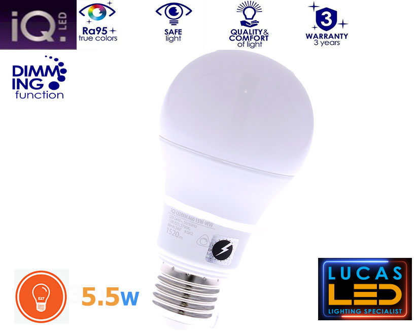  Dimmable E27 LED bulb Light - 5.5W - 4000K - 500lm - beam angle 240°- A60 - New IQ Technology