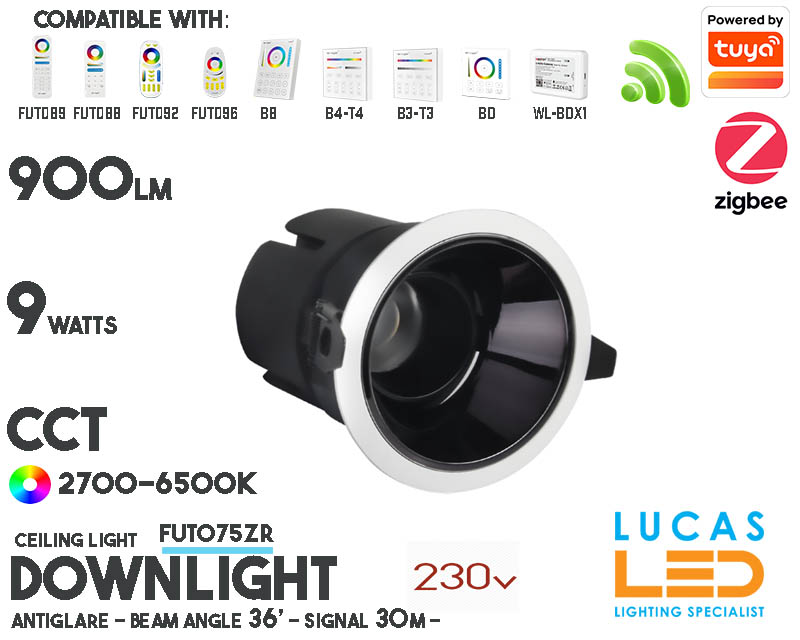 LED Downlight Anti Glare • CCT • 9w • 900lm • ZigBee 3.0 + 2.4G • Dual Chip • Smart Lighting System • MultiZone • Wireless • MiBoxer • FUT075ZR • 230V•