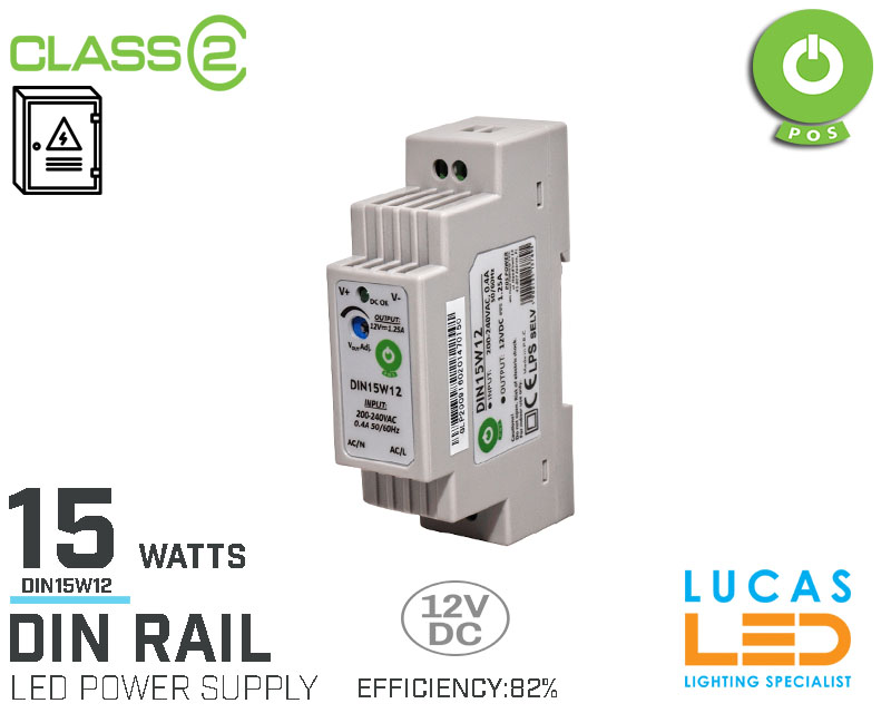 DIN Rail Power Supply • 12V DC • 15 watts • 1.25A •for Distribution Board • Enclosure Cabinet • LED Driver  • 3Y • POS Power •