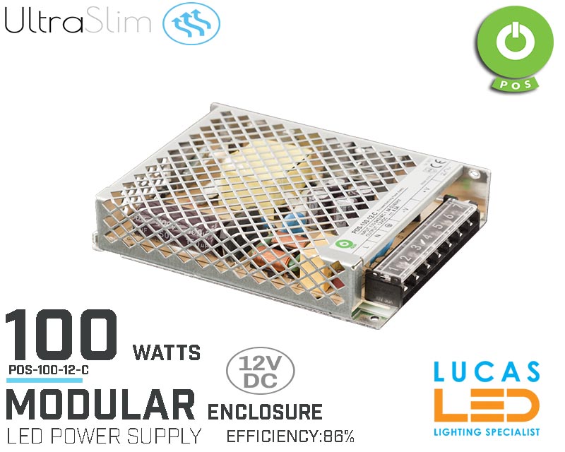 LED Driver Power Supply • 12V • 100 watts • Enclosure • Modular • Metal case • 2 years •  POS Power •