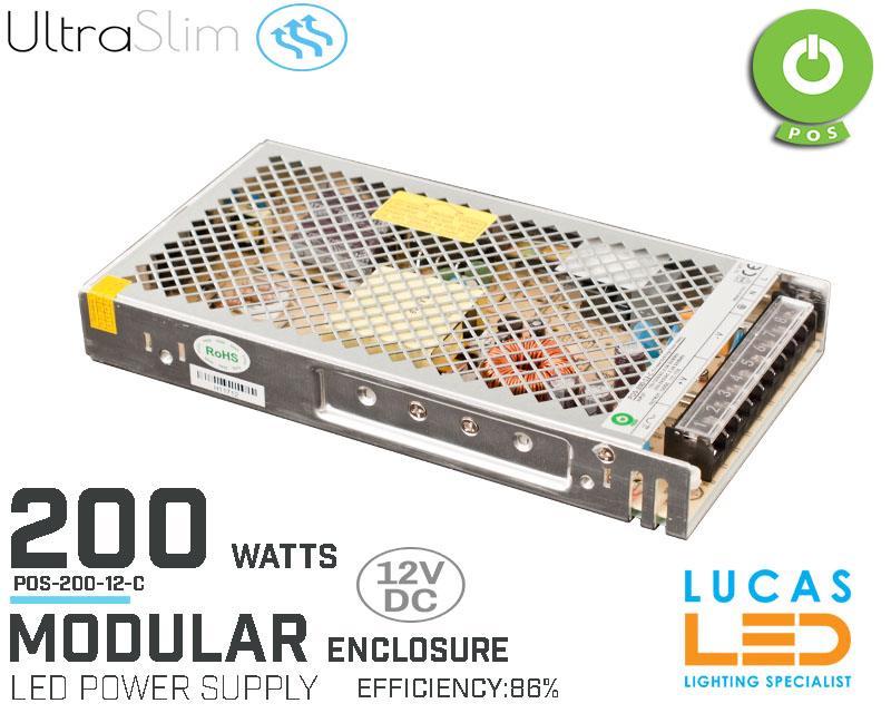 LED Driver Power Supply • 12V • 200 watts • Enclosure • Modular • Metal case • 2 years •  POS Power •