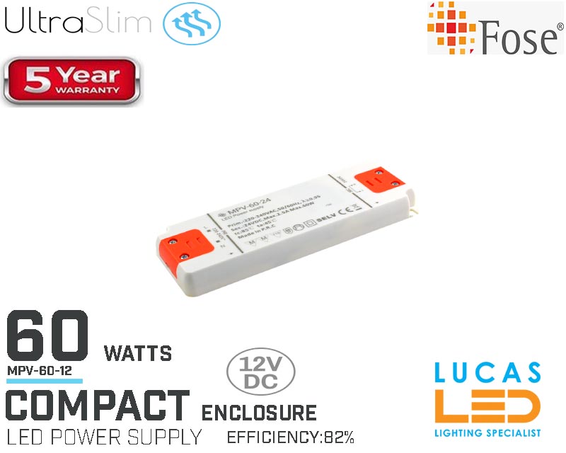 LED Driver Power Supply • 60 watts • 5A • 12V for LED Strips • Compact • MPV-60-12