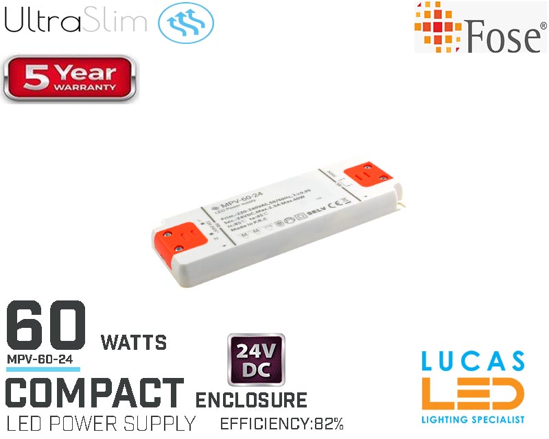 LED Driver Power Supply • 60 watts • 5A • 24V for LED Strips • Compact • MPV-60-24