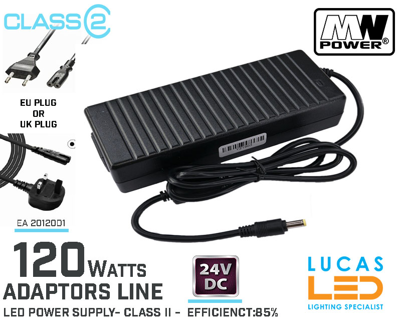 Desktop Power Supply • LED Driver • 120 watts • 24V DC • 5A • Class II • DC Adaptor • Compact size • UK-EU PLUG •