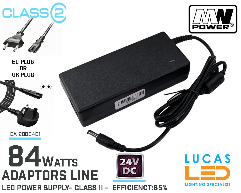 Desktop Power Supply • LED Driver • 24V DC • 84 watts • 3.5A • Class II • DC Adaptor • Compact size • UK-EU PLUG • 