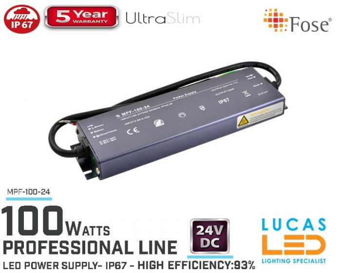 LED Driver Power Supply • 24V • 100 watts • IP67 • Waterproof • Metal case • 5 year • PRO Line • Active Filter •