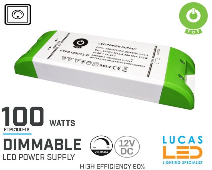 Dimmable LED Driver •  Power Supply • 100 watts • 12V DC • for LED Strips Light • Dimmer Switch • FTPC100V12-D •