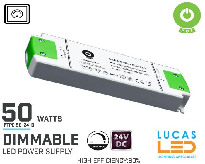 Dimmable LED Driver •  Power Supply • 50 watts • 24V DC • for LED Strips Light • Dimmer Switch • FTPC50V24-D •