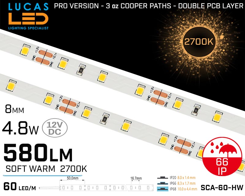 LED Strip Soft Warm White • 60 LED/m • 12V • 4.8W • 2700K • IP66 • 480lm • 8mm • 3oz Cooper paths PRO Version • Waterproof