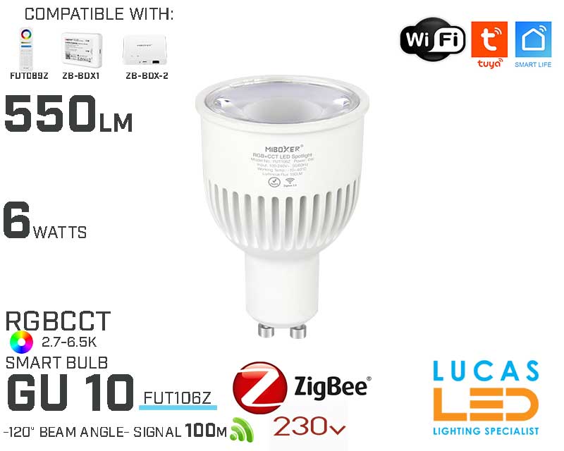 Zigbee 3.0 GU10 Bulb • RGB + CCT • 6W • 550LM • WiFi • Smart Lighting System • Wireless • MiBoxer • MiLight • FUT106Z • 230V