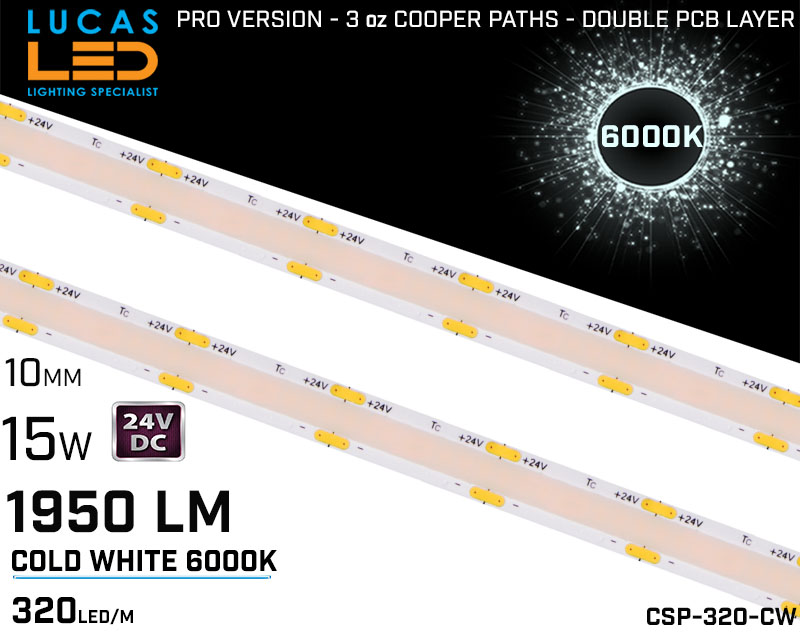 LED Strip Cold White • COB Spotless • 24V • 15W • 6000K • IP20 • 1950lm • 10mm • 3oz Cooper paths PRO Version • Ra90 •