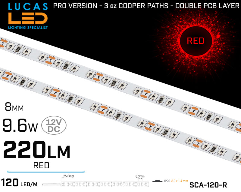 LED Strip RED • 120 LED/m • 12V • 9.6W • IP20 • 220lm • 8mm •3oz Cooper paths PRO Version