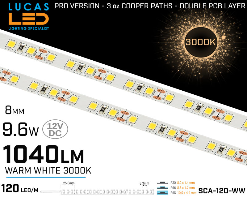 LED Strip  Warm White • 120 LED/m • 12V • 9.6W • 3000K • IP20 • 1040lm • 8mm •3oz Cooper paths PRO Version