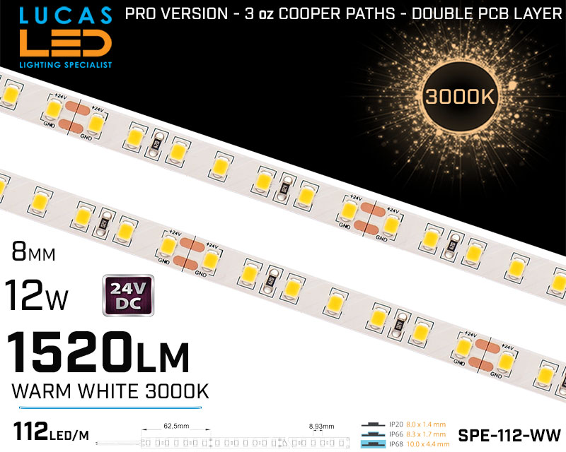 LED Strip Warm White • 112 LED/m • 24V • 12W • 3000K • IP20 • 1520lm • 8mm •3oz Cooper paths PRO Version