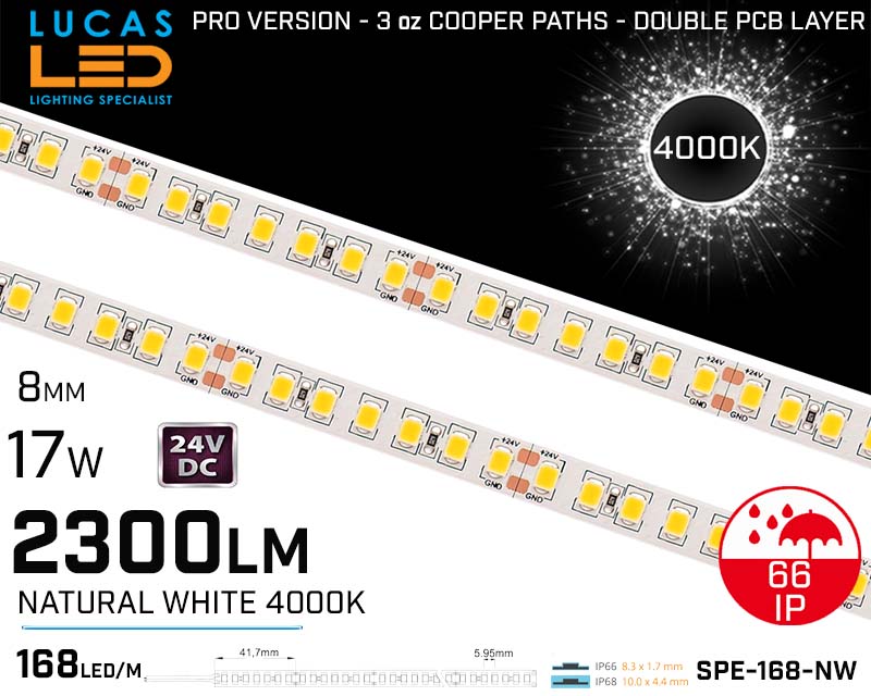 Outdoor LED Strip Natural White Ultra High Bright • 168 LED/m • 24V • 17W • 4000K • IP66 • 2300lm • 8.3mm •3oz Cooper paths PRO Version • Waterproof