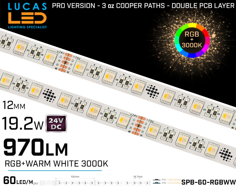 Outdoor LED Strip RGBW+3000K • 60LED/m • 24V • 19.2W • IP66 • 970lm • 12.3mm • PRO Version 3oz Cooper paths 