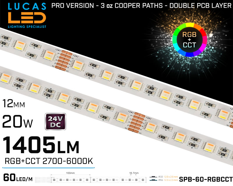 LED Strip RGB CCT • Ultra High Bright • 1405lm • 24V • 60led's/m • 20 watts • IP20 • PRO Version 3oz copper paths •
