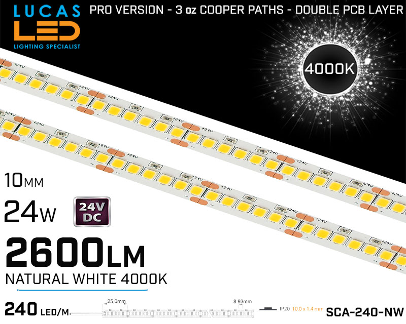 LED Strip Natural White • 240 LED/m • 24V • 24W • 4000K • IP20 • 2600lm • 10mm •3oz Cooper paths PRO Version