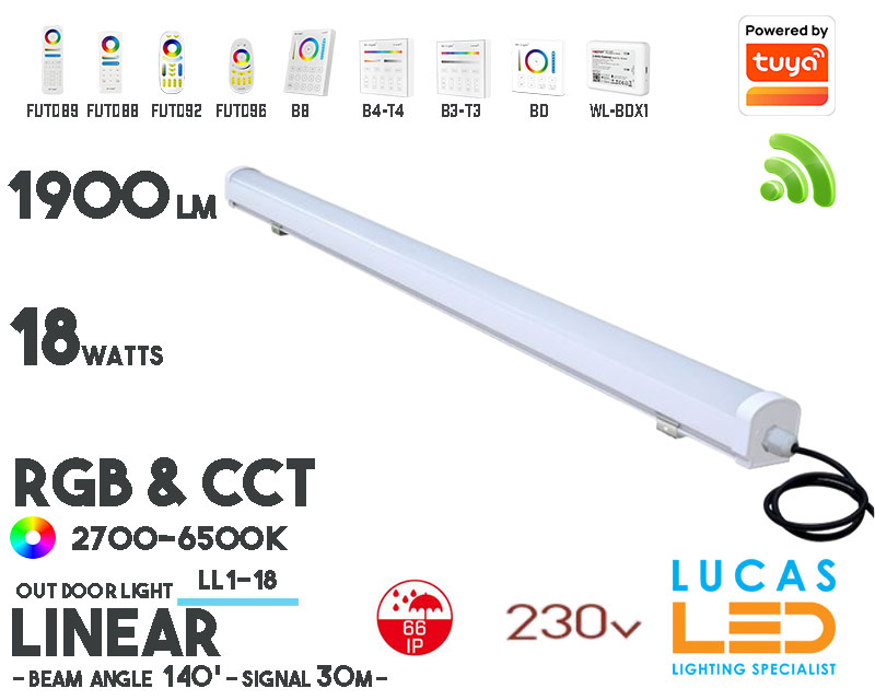 LED Linear Light • RGB+CCT • 18W • 1900lm • IP66 • WiFi • Smart Lighting System • Wireless • MiBoxer • LL1-18 • 230V