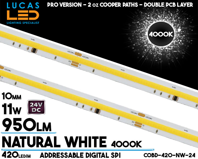 Addressable Digital SPI LED Strip Natural White • COB Spotless • 24V • 11W • 4000K • IP20 • 950lm • 10mm • 2oz Cooper paths PRO Version • Ra90 • 