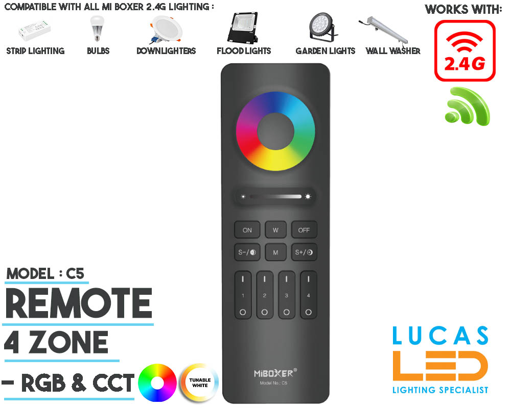 Remote Control • Magnet holder • RGB & CCT  • MiBoxer • 4 Zone • 2.4G RF • Wireless • 30 m Range • C5 • Black Matt body •
