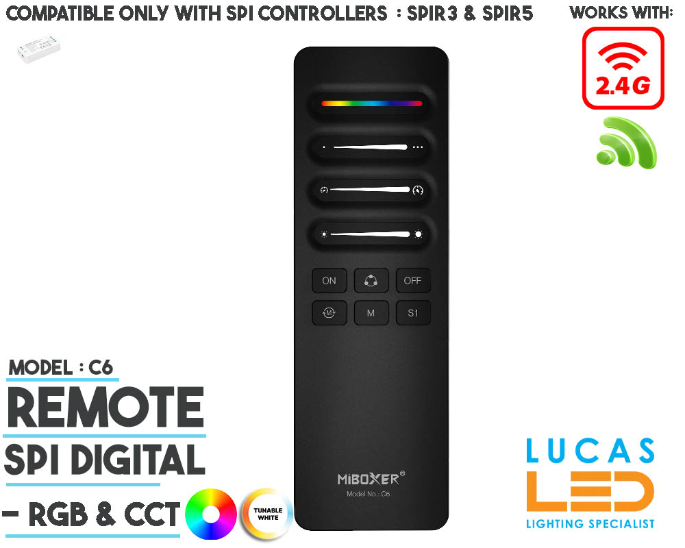 SPI Remote • For Addressable LED Strip • Digital / SPI • 2.4G • Pixel No & Speeding & Data • MiBoxer • Wireless • Black Body • C6 •