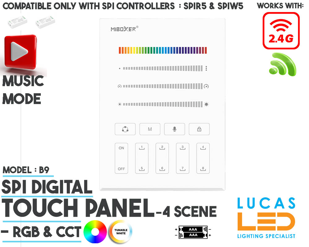 SPI Touch Panel Remote • For Addressable LED Strip • Digital • 2.4G • 4 Scene • Music Mode • Wireless • White Body • B9 •