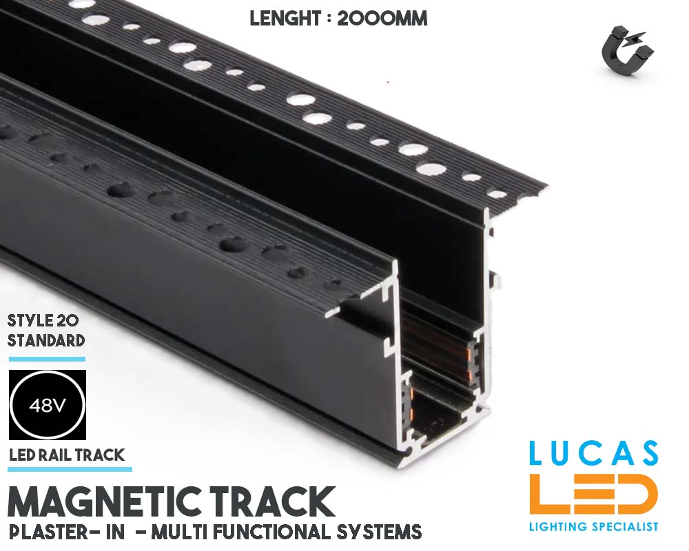Plaster - In Magnetic Rail • 2000mm • Magnetic Rail Track Lighting System • Single Circuit 48V • Black Body • Drywall Profile 2m • 48V •