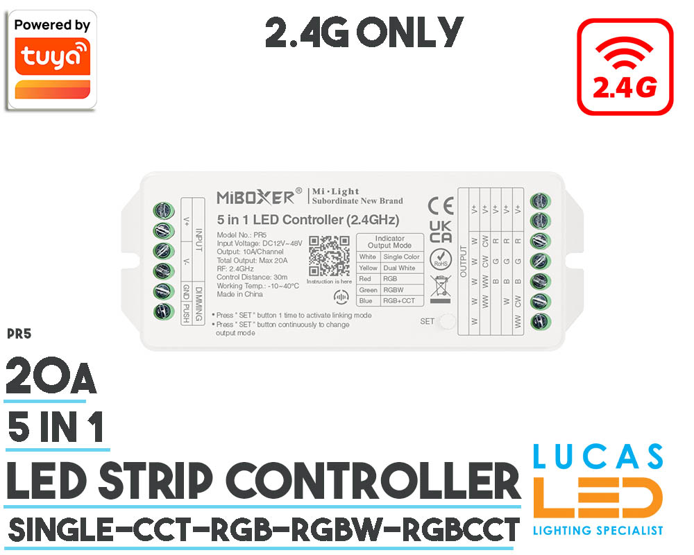 LED Strip Controller • 2.4G • 5 in 1 Single CCT RGB RGBW RGBCCT • 20A High Output • 12-24V • Tuya • Smart Lighting System • Wireless • PR5 •