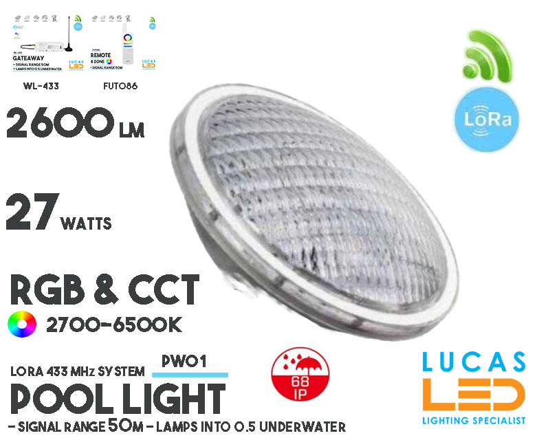 LED Underwater Light • Pool Light • RGB+CCT • 15W • 2600LM • IP68 • LoRa 443MHz • Smart Lighting System • Wireless • Control distance 50m  • PW01 • 12V