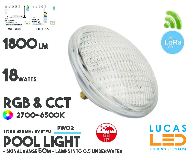 LED Underwater Light • Pool Light • RGB+CCT • 18W • 1800LM • IP68 • LoRa 443MHz • Smart Lighting System • Wireless • MiBoxer • Control distance 50m  • PW02 • 12V
