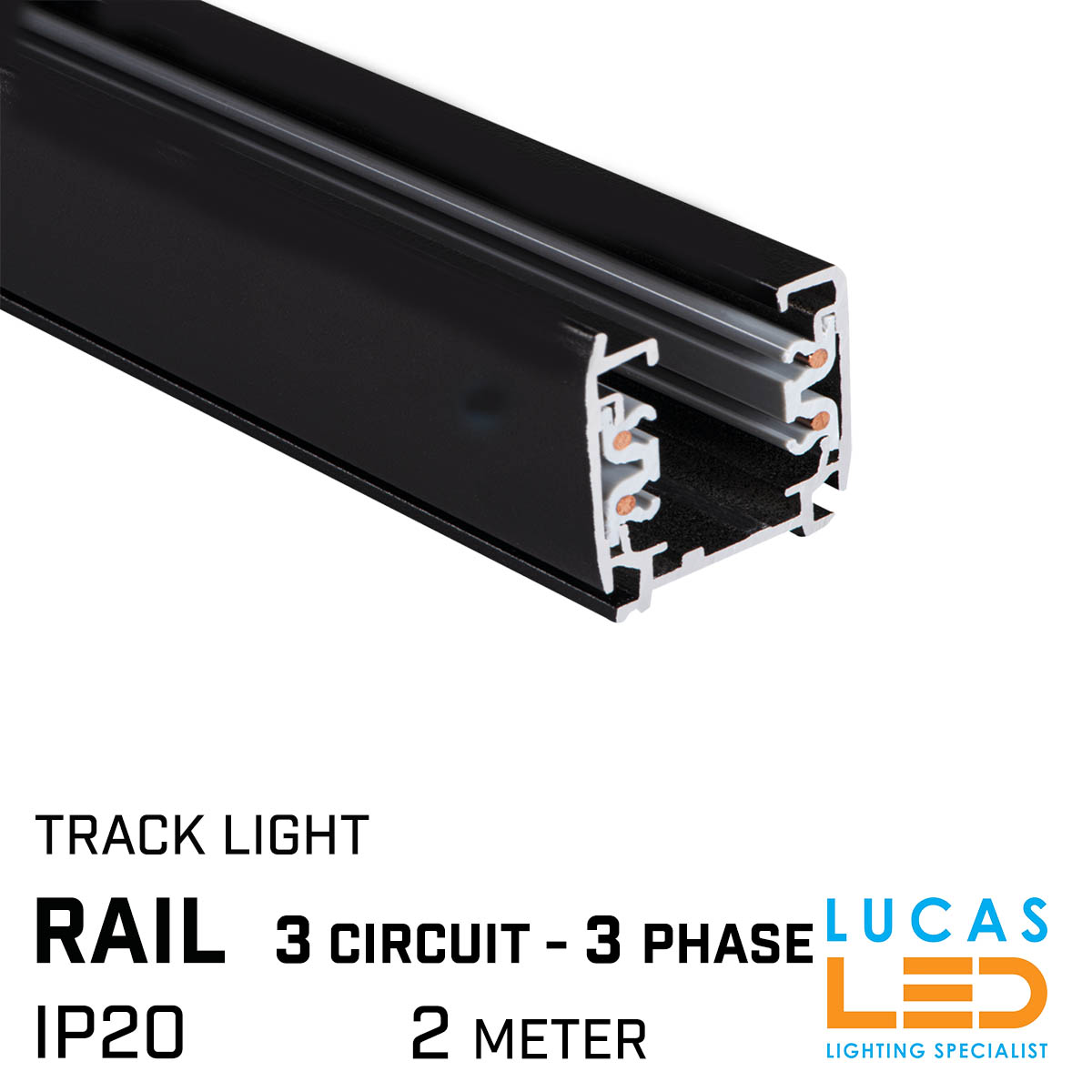2 meter Power RAIL BLACK track 3 circuit -  3 phase - LED Track Lights 