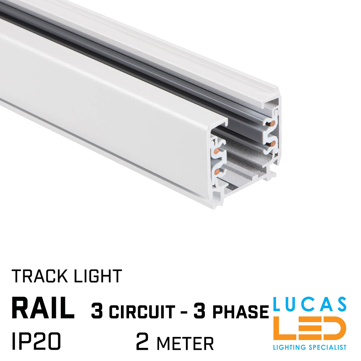 2 meter Power RAIL WHITE track 3 circuit -  3 phase - LED Track Lights 